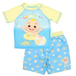 CoComelon Tomtom JJ Cody Nico Mochi Wally Short Sleeve Rash Guard Swim Shirt & Swim Trunks Outfit Set Infant to Toddler