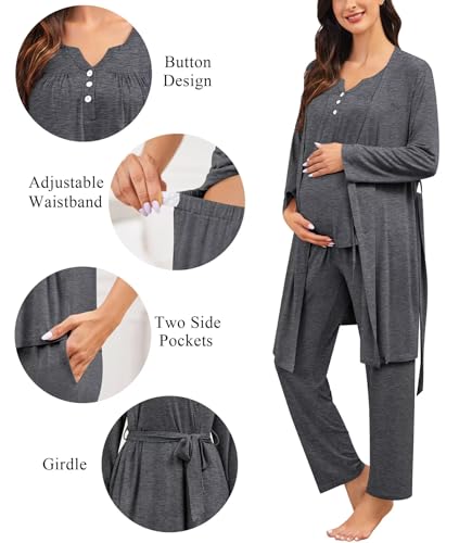 Image of SWOMOG Maternity Nursing Pajamas Set 3 Piece Breastfeeding 3 in 1 Labor Delivery Sleevless Tops Long Pants Pregnancy Pjs