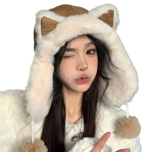 Cute Plush Ear Cap Winter Thick Ear Protection Faux Fur Hats with Pompom Russian Ushanka Trapper Hat Ear Cover
