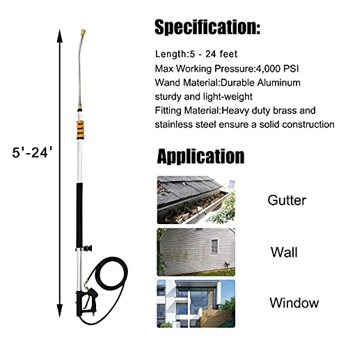 EDOU 24 FT Telescoping Lance High Pressure Washer Extension Wand with 1/4\'\' Quick Connection Wand,Including 5 Spray Nozzle Tips,Gutter Cleaner,Pivoting Coupler,2 Adapters and Support Belt,4000 PSI
