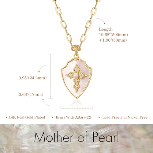 Fettero Dainty MOP Necklaces for Women, 14K Gold Plated Heart Cross Teardrop Pendant Cute Charm Neclace Delicate Pearl Beach Gold Necklace for Women Jewelry Gift