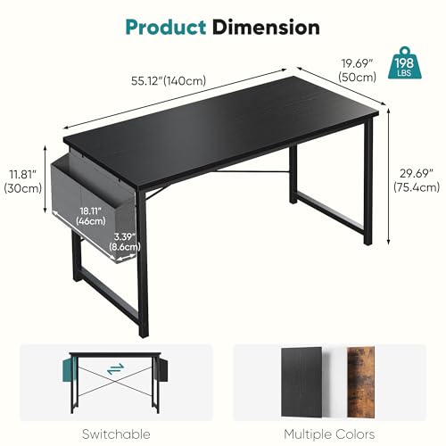 Image of OLIXIS Computer Desk, 55 Inch Gaming Desks for Home Office Small Spaces | Writing Study Craft Work Table, Computer Workstation for Bedroom with Storage Bag, Black