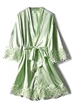 Women Lace Trim Robe Short Kimono Gown Silky Bathrobe for Bride Bridesmaid Nightgown Sage Green Medium