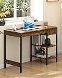 Manora 110x50 cm Schreibtisch,Computertisch,Bürotisch mit Schubladen Braun,Holz Tisch Schmal mit Ladefunktion im Vintage Industrial Style für Studie & Büro