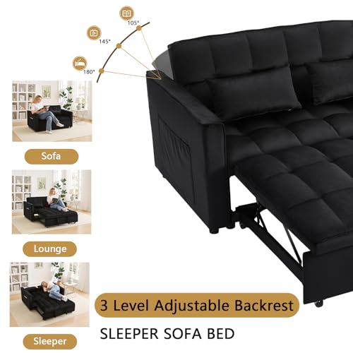 Image of Convertible Sofa Bed,3 in 1 Pull Out Couch Adjustable Backrest, Modern Velvet Upholstery Sleeper Sofa Bed, Loveseat Couch for Living Room, Bedroom & Apartments (Black)