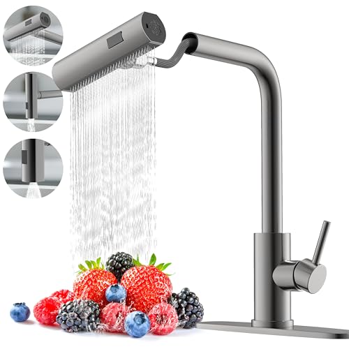 Single Hole Kitchen Sink Faucet with Pull Down Sprayer, Single Handle, High Flow Water, Pull Out Tap, Stainless Steel Tall Kitchen Faucet in Matte Gray, Touch On for Effortless Control and Durability