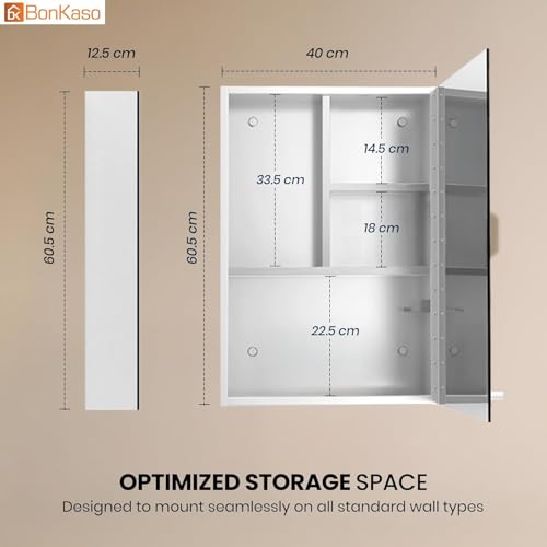 Image of BonKaso Premium SS 304 Bathroom Mirror Cabinet | Wall-Mounted Stainless Steel Storage Cabinet with Frameless Mirror (16x24 Inch, Chrome Finish)