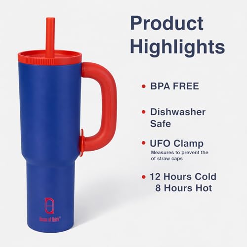 Image of House of Quirk 1200ml Stainless Steel Tumbler with Handle, Straw & Straw Cap | Leakproof Water Bottle | Large Capacity Travel Mug (Liberty Blue)