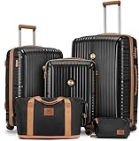 Joyway Luggage Sets 5 Piece PP Hardshell Carry on Suitcase, Travel Lightweight Carry-on with Double Spinner Wheels and TSA Lock, Black Brown