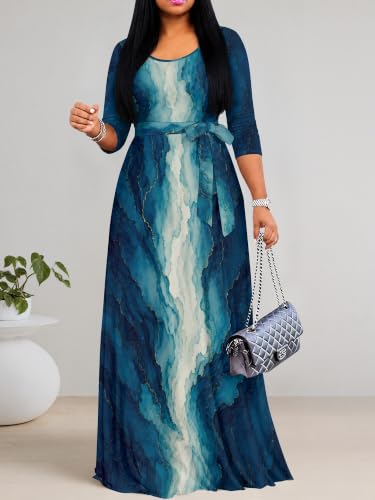 Image of Maxi Dress for Women with Sleeves, Empire Waist Dress | A-line shape, self-tie belt, side pockets and pull-on design; stretch fabric for church, work and casual wear