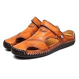 Sandales en Cuir à Bout fermé pour Hommes d'été 2023, Sandales de Sport en Plein air pour Hommes, Chaussures de Plage Respirantes, Chaussures réglables de pêcheur en Plein air (42,Yellow Brown)