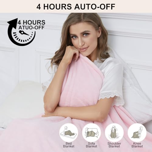 Electric Heated Throw Blanket Sherpa 50"x60" Pink Machine Washable 6 Heat Settings 4 Hours Auto Off Overheat Protection for Home Office Use - Image 4