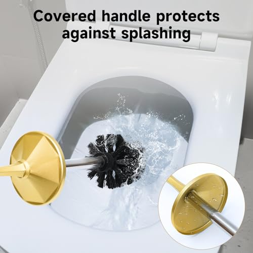 Image of Brass Toilet Brush and Holder,Extra Long Handled Gold Toilet Brush for Bathroom,Stainless Steel Heavy Duty Toilet Bowl Brush,Deep Cleaning Modern Toilet Cleaner Brush -Space Saving, Covered Brush