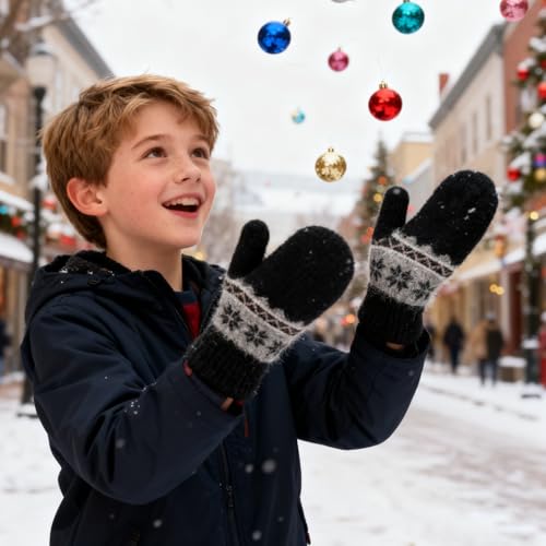 Image of Kids Winter Warm Knit Mittens-Double Layer Thickn Outdoor Gloves Soft Stretchy Snowflakes Gloves for Boys Girls 5-10Y