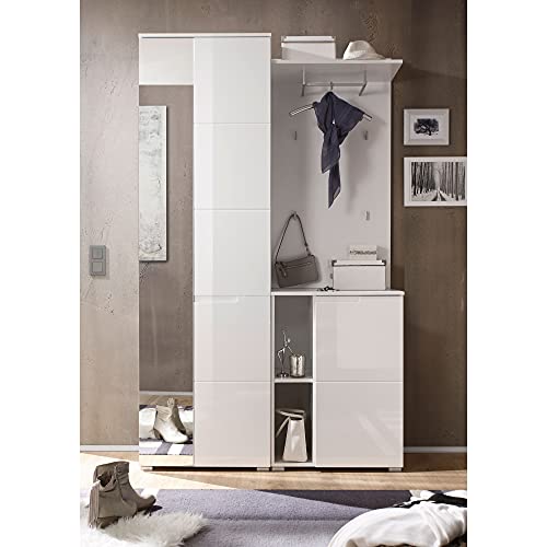 Stella Trading SPICE Flurgarderoben Set in Hochglanz Weiß - Stylishe Kompaktgarderobe mit Spiegel für Ihren Eingangsbereich - 120 x 198 x 40 cm (B/H/T)