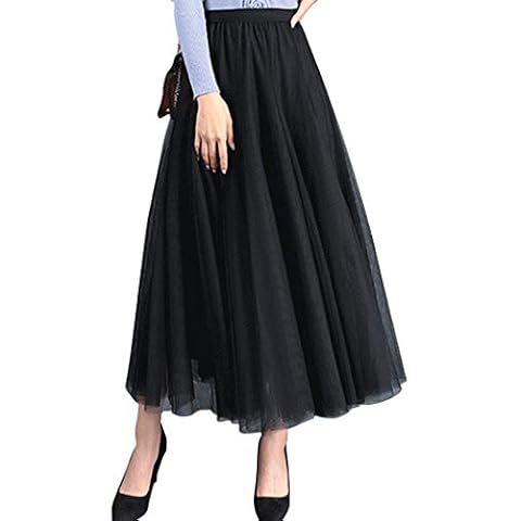 FEOYA Women's Pleated Tulle Maxi Skirt Ankle Length Elastic High Waist A Line Flowy Big Hem Skirt Chiffon Petticoat Black Cover