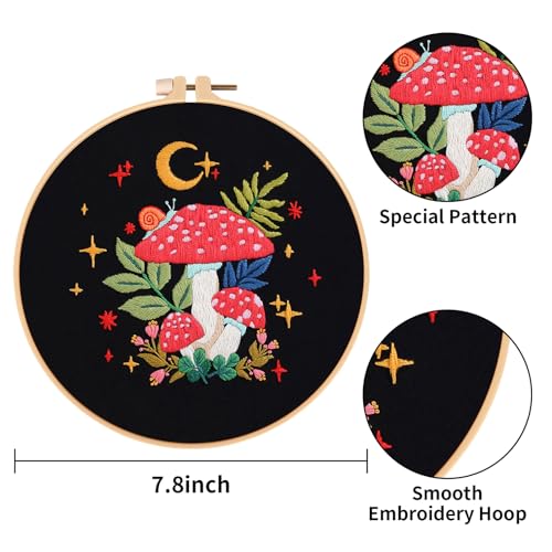 Image of Nuberlic Mushroom Embroidery Kits for Beginner Adults Cross Stitch Kit with Stamped Pattern Include Cloth Hoops Threads Needles
