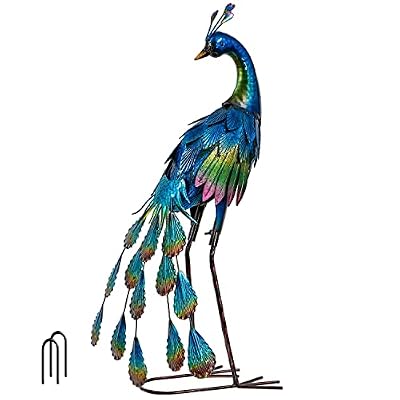 TERESA'S Collections Outdoor Decor Peacock Yard Art Garden Sculptures & Statues,Blue Small Metal Bird Lawn Ornaments,22.4" Outside Mardi Gras Decorations for Porch,Patio,Pond Decor,Gifts for Mom