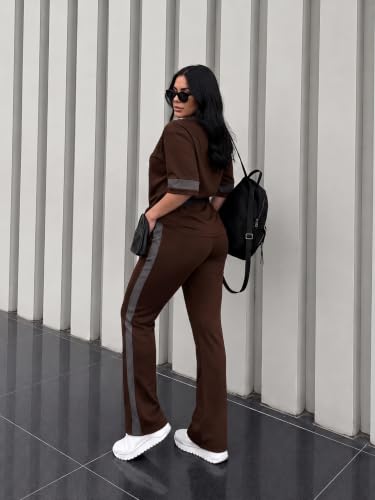 Image of Tracksuit for Women | Casual Brown Loungewear 2 Piece Set | Short Sleeve T Shirt and Wide Leg Pants with Side Stripes | Sports Jogging Co ord Matching Sweatsuit(40-N-1-4)