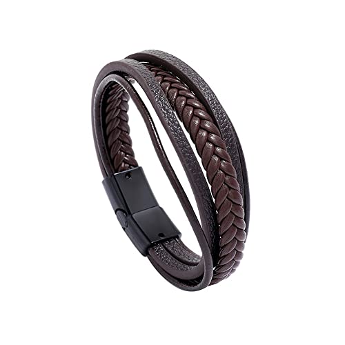 Retro Multi-Layer Leather Stainless Steel Cross Bracelet Multilayer Braided Leather Magnet Buckle Cuff Bracelet For Men Women-Brown #TOP17