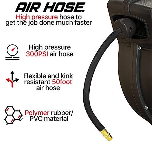 Reelworks Air Hose Reel Retractable 3/8" Inch X 50' Foot Hybrid Polymer Hose Max 300Psi Commerical Polypropylene Construction #TOP3