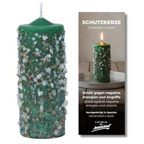 Schutzkerze mit Salz und Harzen Esoterische handgefertigte grüne Kerze 5 5 x 14 cm Energiereinigung und gegen schlechte Energien Ritualisiert und 100 % natürlich Marianenkerzen