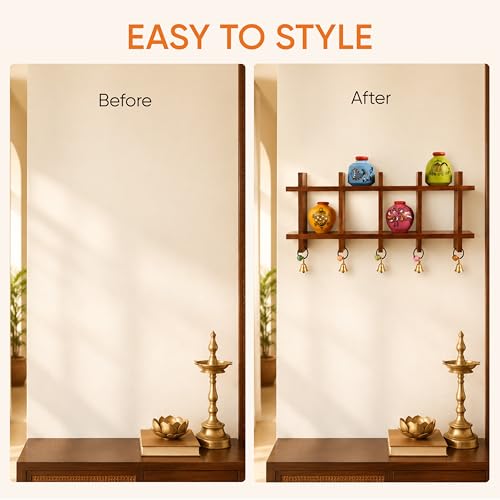 Image of Aakriti Art Creations Ladder Wall Decor 4 Colored Handcrafted Madhubani Pots | Wooden Shelves Hanging with Terracotta Vases | Matte Finish Decorative Wall Art for Living Room, Entryway & Gifting