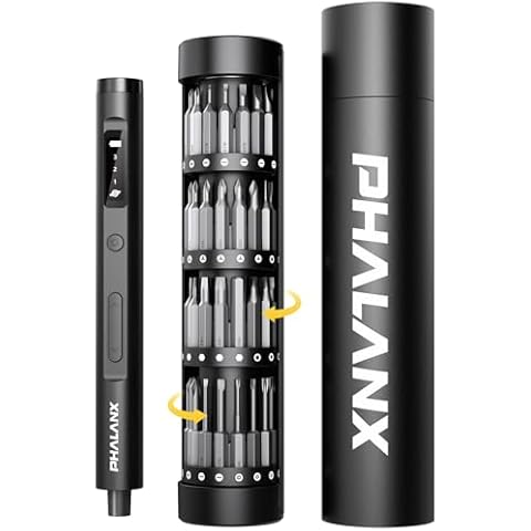PHALANX Mini 3.7V Electric Screwdriver - Precision Screwdriver Set with 60-in-1 Magnetic Bits, Magnetic Rotatable Rack, 5/32''Hex, Electric Screwdriver Cordless for Phone, Camera, Laptop, Watch Black Cover