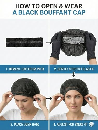 Image of Disposable Bouffant Caps for Women & Men | Non Woven Hair Net Cap | Elastic Head Cover for Hospital, Kitchen, Food Industry, Spa & Salon Use (Black, PAck Of 400)