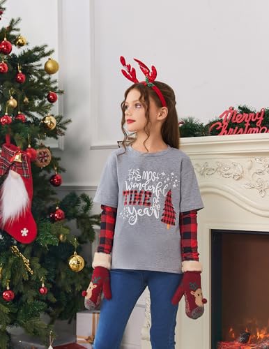 Arshiner Girls Christmas Halloween Long Sleeve Shirts Graphic Stripe Plaid Patchwork Top Tee3