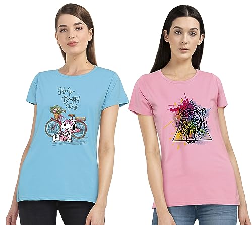 Image of Combo Women's T-Shirts, Cotton Half Sleeves Round-Neck Printed T-Shirt for Girls, & Women Tees (Pack of 2) 960-980-