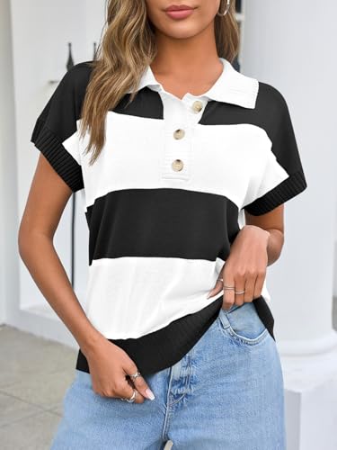 Image of Saodimallsu Women's V Neck Button Down Striped Short Sleeve Knit Sweater