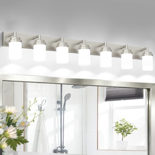 Image of Bathroom Light Fixtures, Brushed Nickel Bathroom Lighting Fixtures Over Mirror, Modern Vanity Light with White Glass Shade, Restroom Lighting Fixtures, 7-Light 54-inch