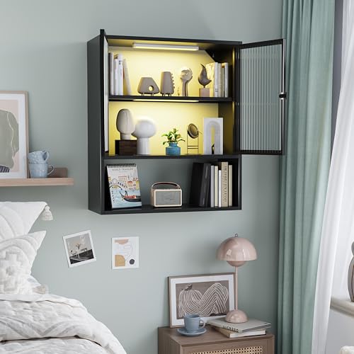 Image of Wall Mounted Bathroom Cabinet with Glass Doors, Metal Over Toilet Storage Cabinets with Open Shelves, Medicine Cabinets for Bathroom, Living Room, Bedroom, Black