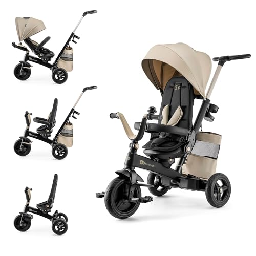 Kinderkraft EASYTWIST Triciclo Infantil, con Accesorios, Ventana de Techo, Cinturones de Seguridad, rotación de 360 Grados, Rueda Libre, Barra de Empuje, a Partir de 9 Meses hasta 5 años, Beige