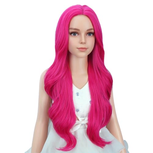 Image of PATTNIUM Hot Pink Wig for Kids Child Long Wavy Curly Wig Girls Neon Pink Wigs Magenta Wigs Rose Pink Cosplay Party Synthetic Hair
