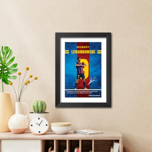 Image of TenorArts Robert Lewandowski Quotes Poster Frame Barcelona Laminated Photo Framed Painting with Matt Finish Black Textues (12 inches x 9inches)