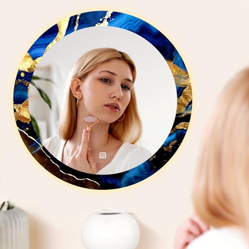 Image of NEVEX Glass Round 24x24 Inch Decorative Art Unique UV Printed Smart LED Mirror with 3 Color Lights (Warm White, Cool White & Natural White) | Fancy Wash Basin Wall Mirror for Modern Home Decor