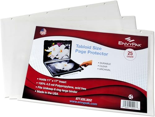 EnvyPak Tabloid Page Protectors, 6 Hole Punched (Large Format), Clear - Side Loading - Holds 11 x 17 Inch Pages - Pack of 25
