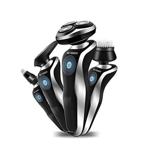 HaloVa Electric Razor, 3D Rotary Floating Blades, USB Rechargeable Men's Shaver, Shave Wet and Dry, Whole Body Washable 4 in 1 with Nose Trimmer, Sidebums Razor, Facial Brush, Black