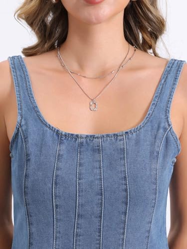 Image of Allegra K Denim Dress for Women's Casual Tank Square Neck Mini Dress