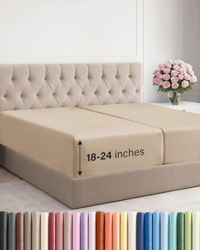 Image of Extra Deep Split King Fitted Sheet - Single Fitted Sheet Only - Cream | Easily Fits 18 inch to 24 inch Mattress, Soft, Wrinkle Free, Breathable & Comfy, Extra Deep Pockets Hotel Luxury Fitted Sheet
