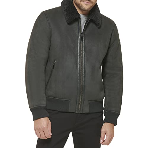 DKNY mens Faux Shearling Bomber Jacket With Faux Fur Collar