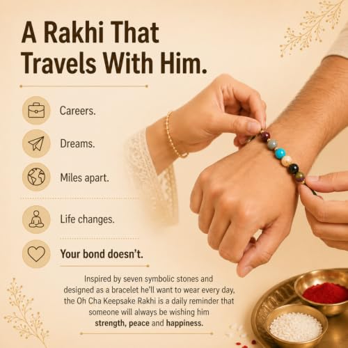 Image of OH CHA - NOOR Luxury Rakhi Gift Box for Brother | Contains 7 CHAKRA Rakhi (7 Stones), 6 Assorted Items in Borosilicate Glass Tubes - Chamomile Tea, Darjeeling Tea, Jaggery Powder, Almonds, Flavoured Saunf & Masala Raisins + Stainless Steel Infuser, Roli Chawal | rakhi gift hamper for brother | Rakshabandhan Gift