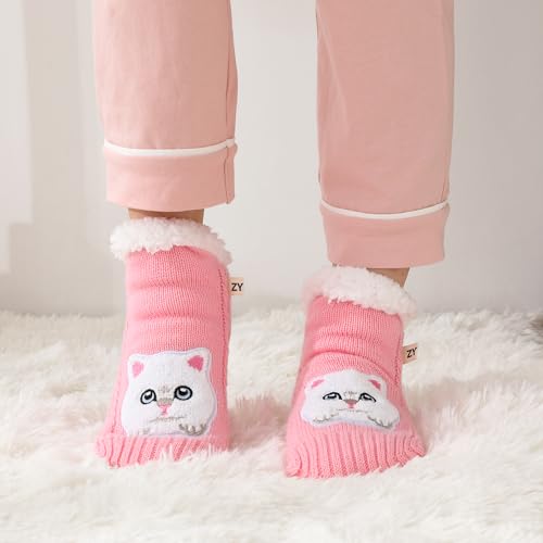 Image of ZYZX Cute Cat Slipper Socks for Women with Grips,Fuzzy Socks Indoor