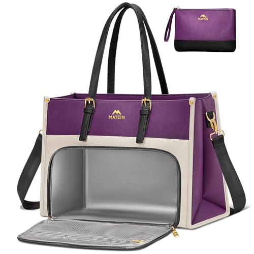 MATEIN Bolso Portatil Mujer con Compartimento para Almuerzo, Maletin Portatil 15.6 Pulgadas Cuero PU Impermeable con Bolsillo Adicional Bolso Mujer Grande para Universidad, Trabajo y Viajes, Morado