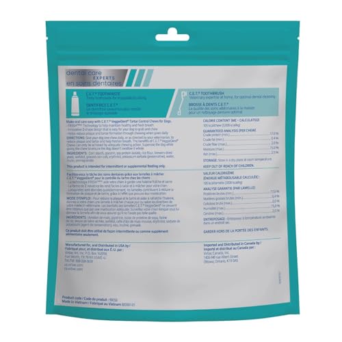 Virbac CET Veggiedent FR3SH Tartar Control Chews for Large Dogs Over 66 Pounds, Plant-Based Formula, 30 Count Bag