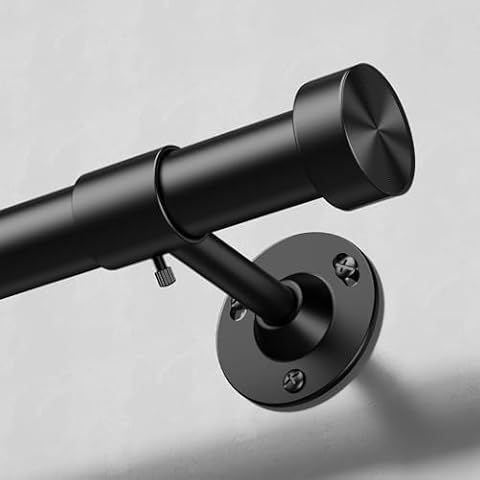 Heavy Duty Curtain Rods for Windows 32 to 56 Inches, Adjustable Length 1 Inch Diameter Black Curtain Rod with Aluminium Finials, Modern Design Cover