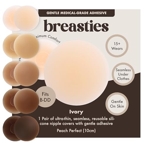 Breasties Adhesive Nipple Covers | Ivory 10cm For B-DD Bra Sizes | 15+ Wears Reusable Round Ultra-Thin Nip Covers For Women Breast | Gentle & Seamless | Silicone Boob Pasties | Medical Grade Adhesive