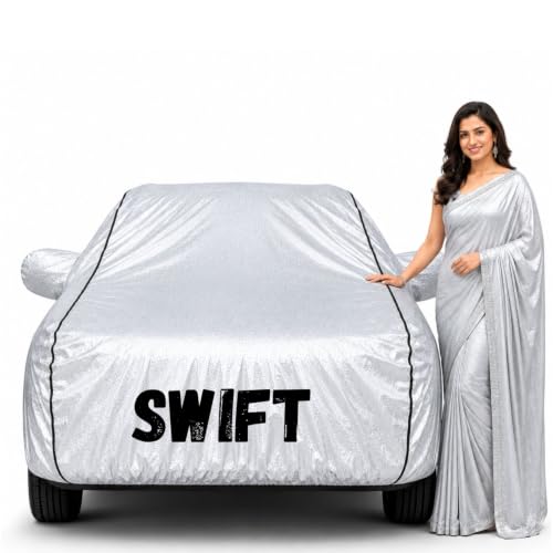 Image of Waterproof Car Body Cover for Swift 2018-23 All Weather Protection Comes with Inner Cotton Lining & Triple Stitched with Mirror & Antenna Pocket Belt & Elastic Fit Metallic Silver with Black Piping2